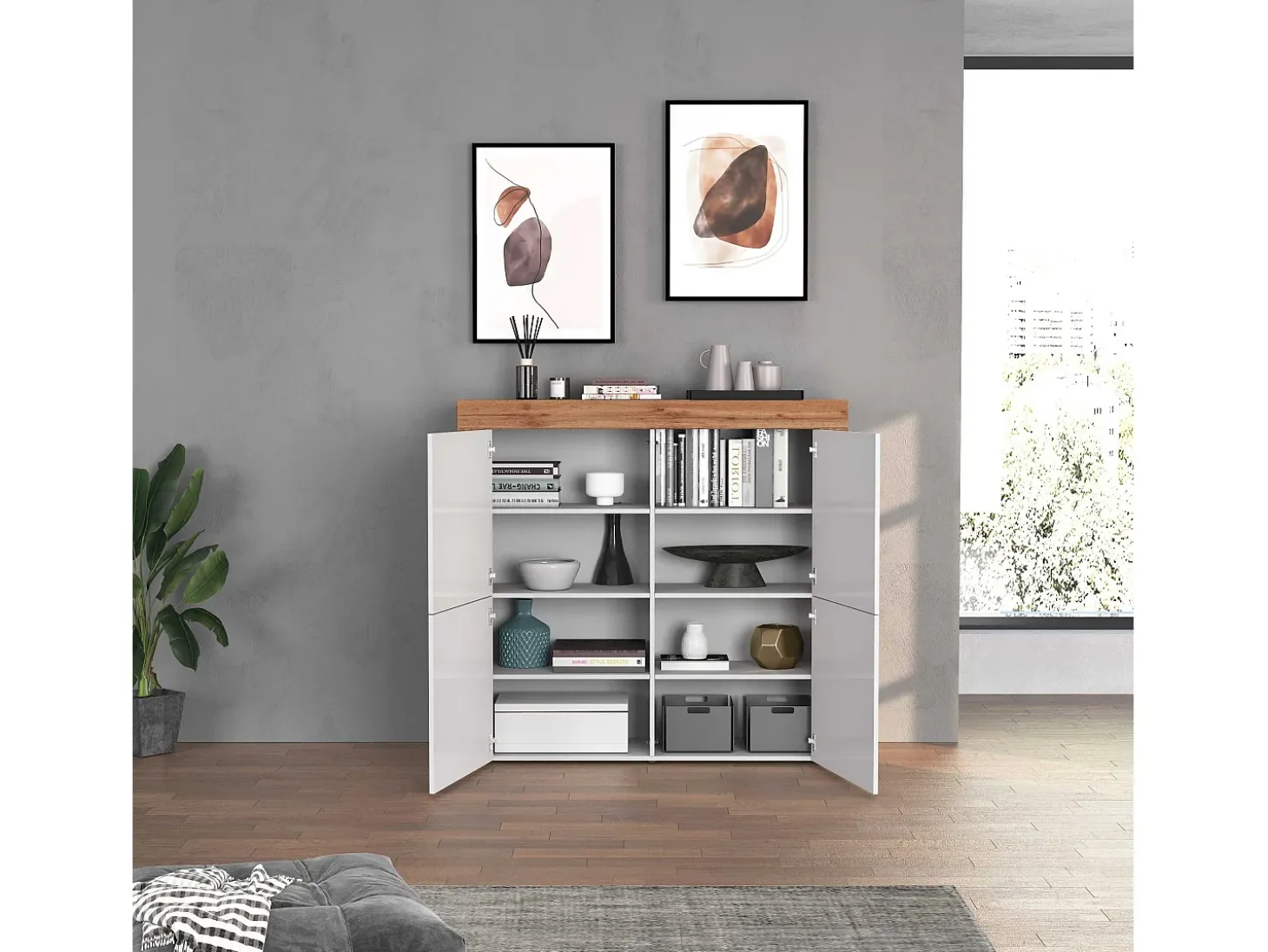 Aparador Chronos con 4 puertas en blanco brillo y roble 140x40x130 cm