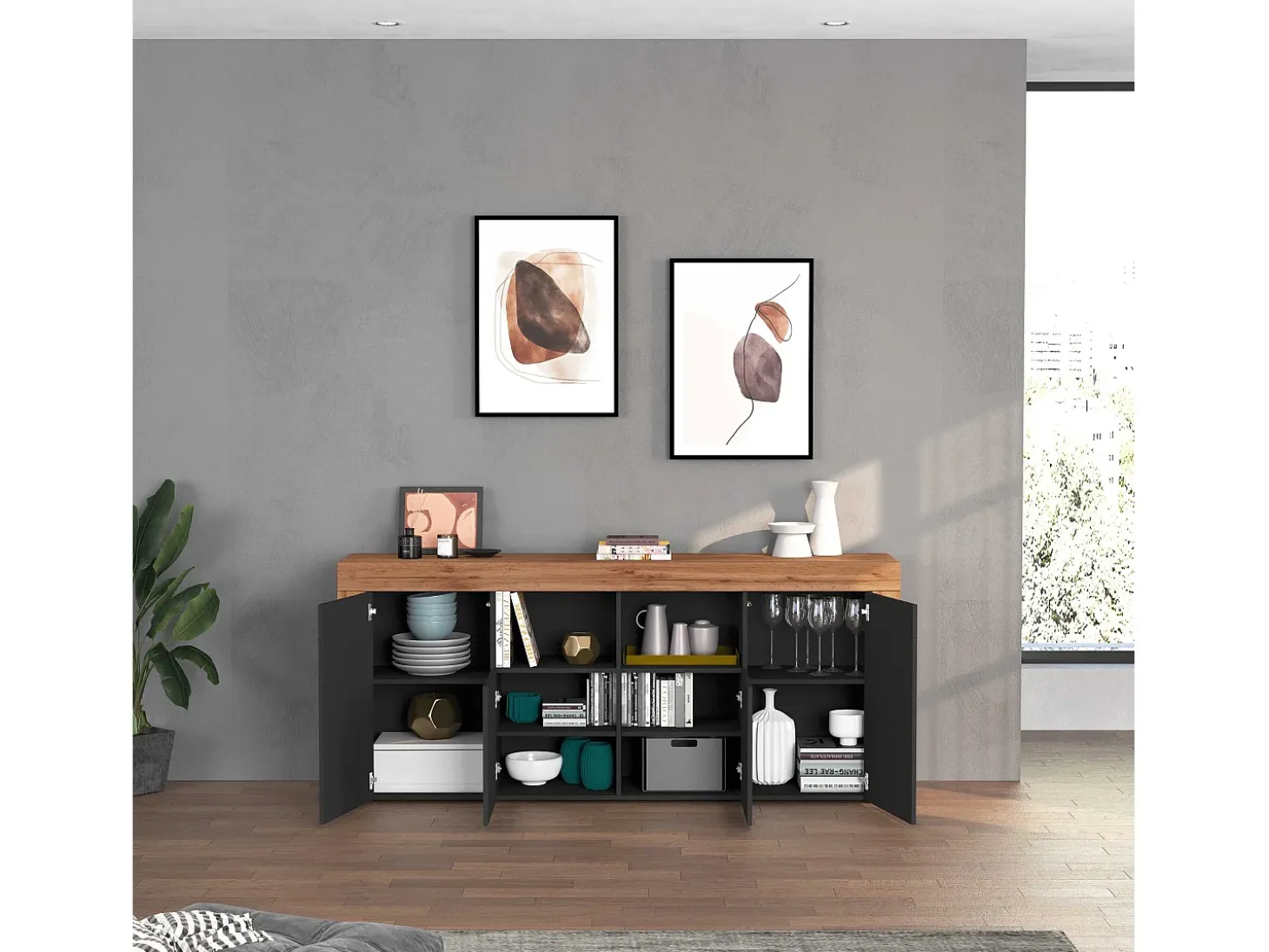 Aparador Chronos con 4 puertas y 2 compartimentos, color antracita mate y roble, 200 x 40 x 85 cm