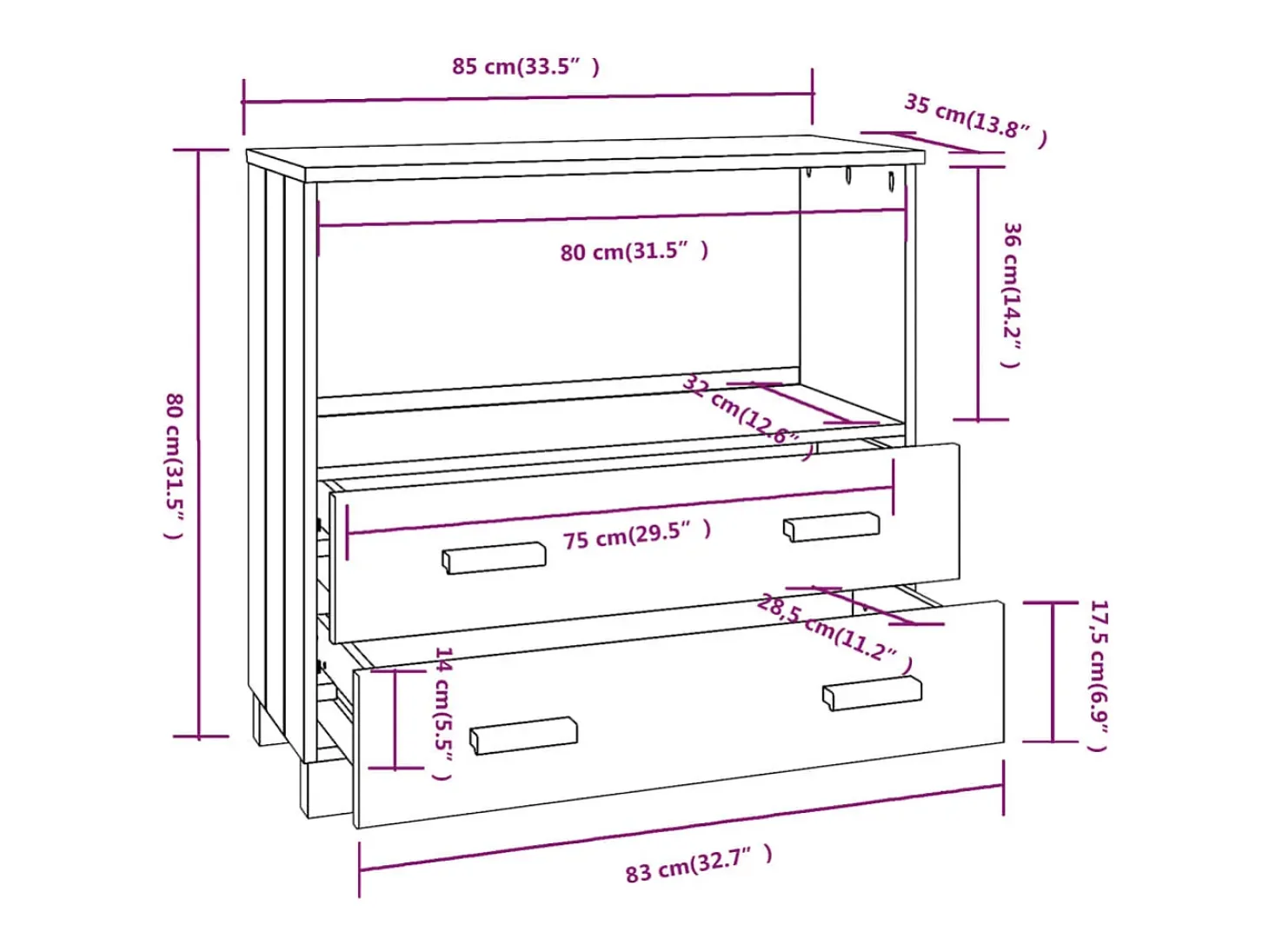 Aparador cómoda cómoda armario mueble organizador cocina salón salón 85 x 35 x 80 cm madera maciza de pino marrón 02_0032180