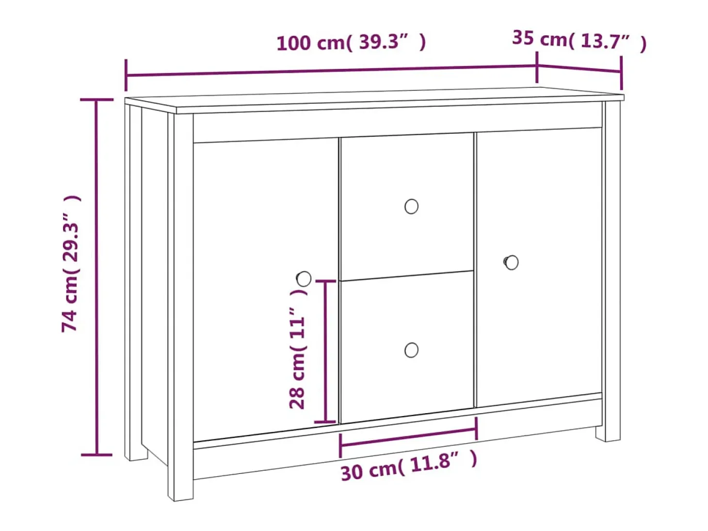 Aparador cómoda cómoda armario mueble organizador cocina salón salón 100 x 35 x 74 cm madera maciza de pino blanco 02_0030156