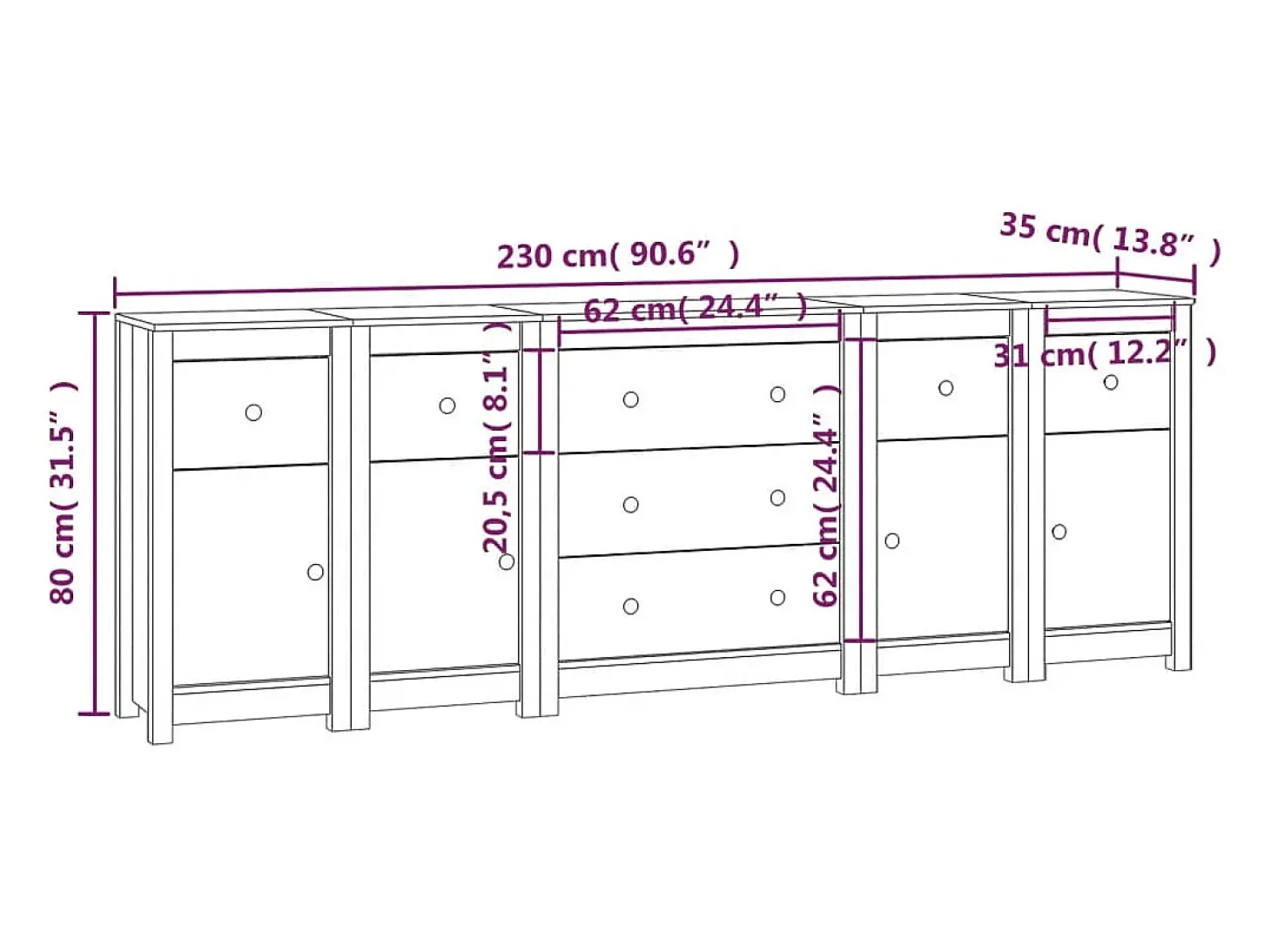 Aparador cómoda cómoda armario mueble organizador cocina salón salón 230 x 35 x 80 cm madera maciza de pino blanco 02_0030217