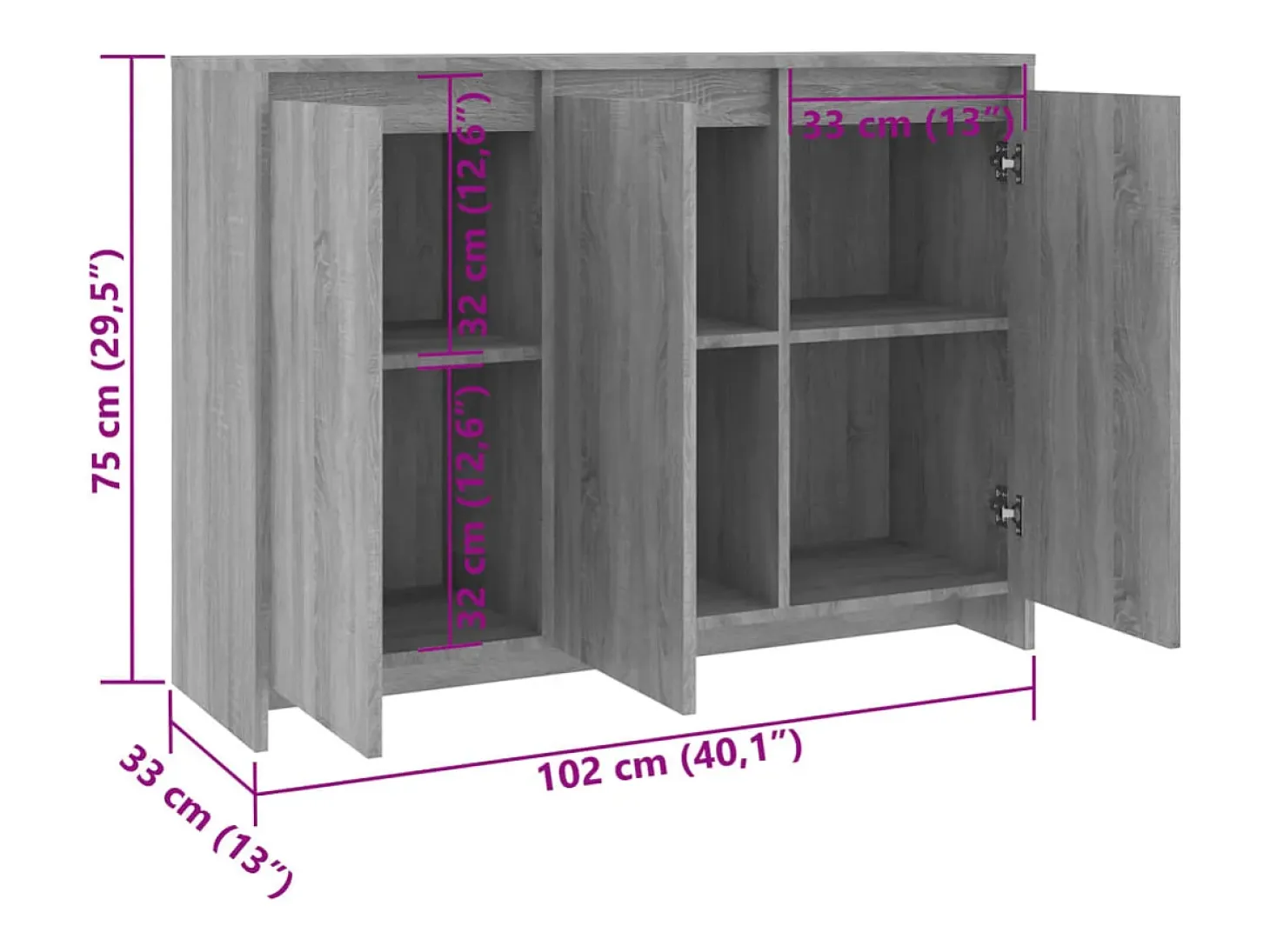 Aparador cómoda cómoda armario mueble organizador cocina salón salón Sonoma 102 x 33 x 75 cm madera contrachapada gris 02_0036268