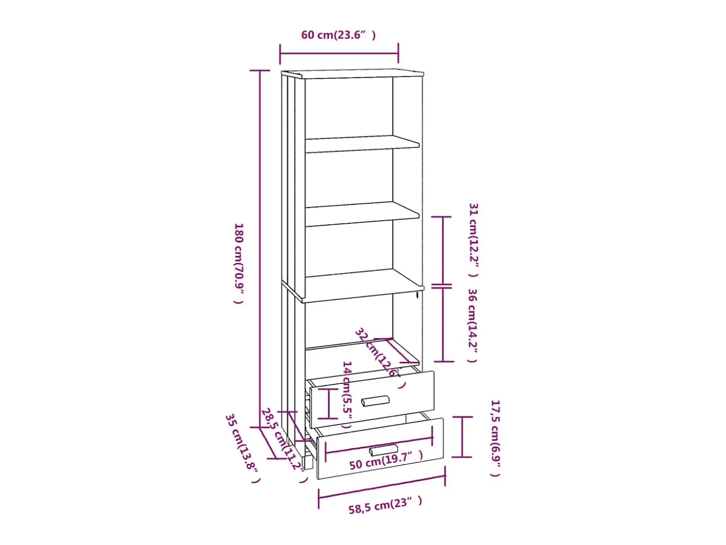 Aparador cómoda cómoda armario mueble organizador cocina salón salón 60 x 35 x 180 cm madera maciza de pino blanco 02_0032129