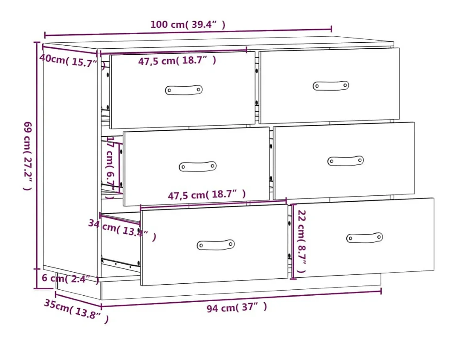 Aparador cómoda cómoda armario mueble organizador cocina salón salón 100 x 40 x 75 cm madera maciza de pino blanco 02_0030171