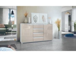 Aparador Cómoda Sylt , cuerpo en negro mate / Frente en gris arena de alto brillo con molduras en blanco de alto brillo (139 x 72 x 35)