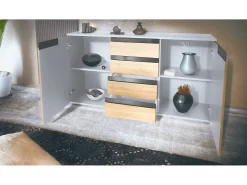 Aparador Cómoda Sylt , cuerpo en negro mate / Frente en gris arena de alto brillo con molduras en blanco de alto brillo (139 x 72 x 35)
