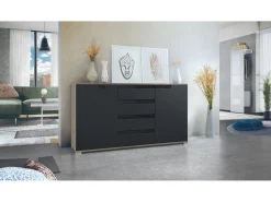 Aparador Cómoda Sylt , cuerpo en negro mate / Frente en negro mate con molduras en negro de alto brillo (139 x 72 x 35)