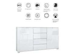 Aparador Cómoda Sylt , cuerpo en negro mate / Frente en blanco mate con molduras en blanco de alto brillo (139 x 72 x 35)