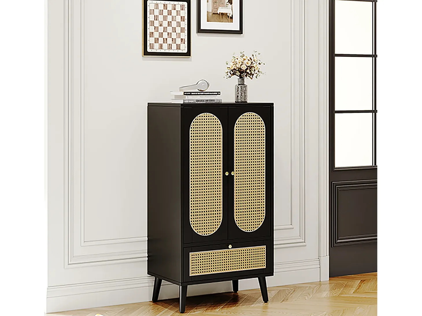 Aparador compacto, diseño ratán, negro, 2 puertas, 1 cajón, 60x40x110,5 cm