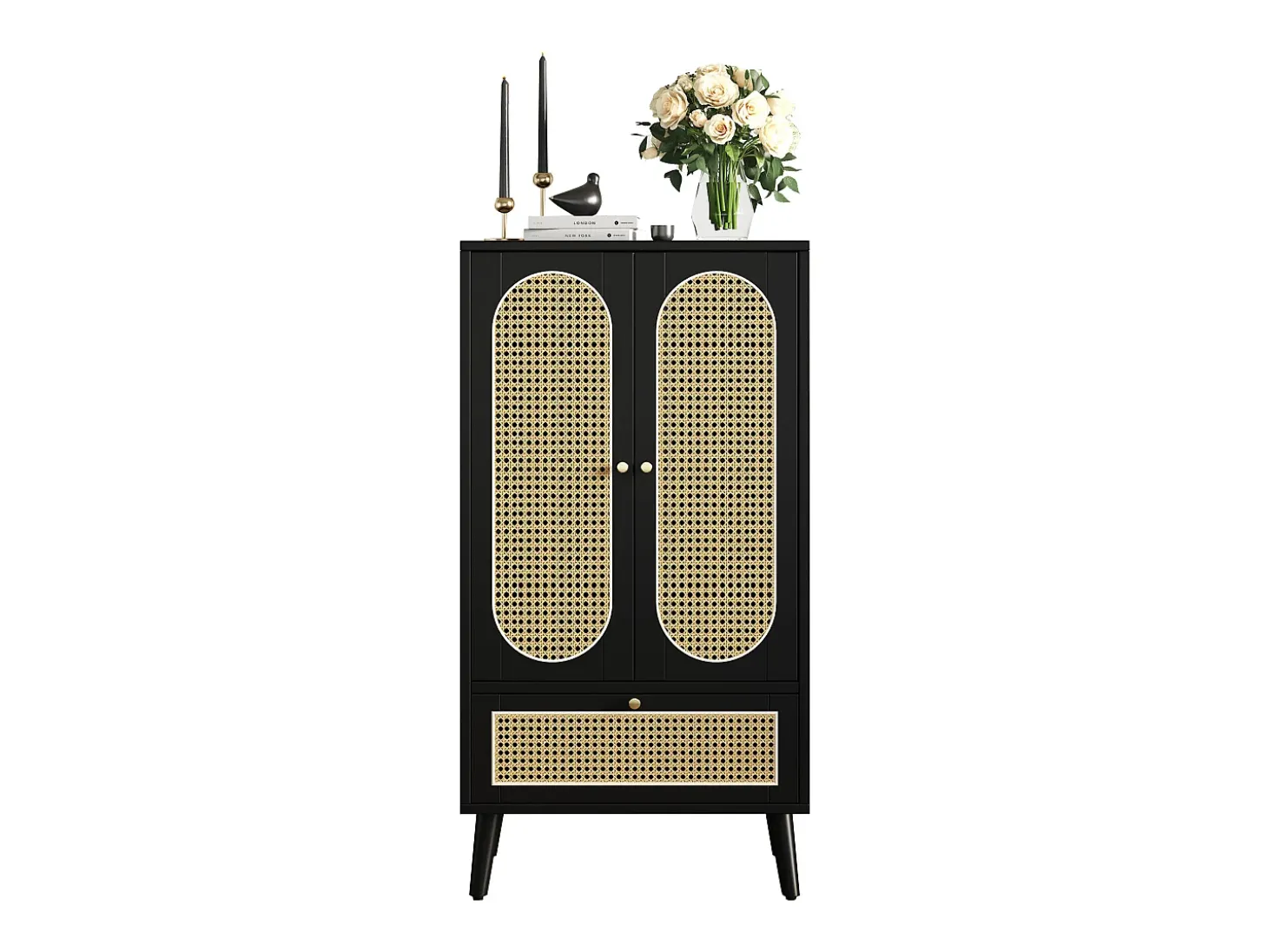 Aparador compacto, diseño ratán, negro, 2 puertas, 1 cajón, 60x40x110,5 cm