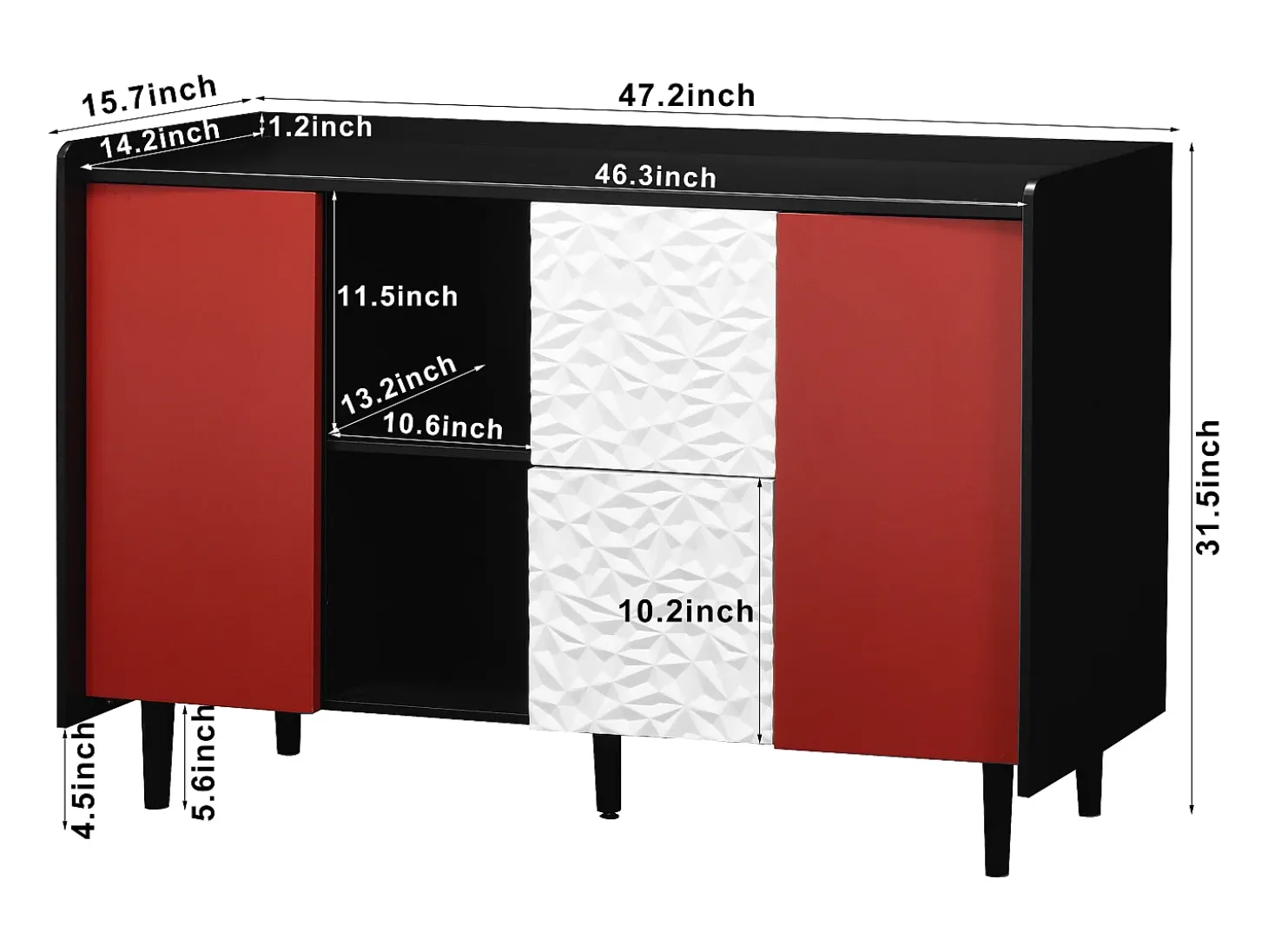 Aparador con 2 cajones, 2 estantes abiertos y puertas rojas, moderno mueble de almacenaje en MDF negro y rojo (120x40x80 cm)