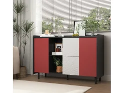 Aparador con 2 cajones, 2 estantes abiertos y puertas rojas, moderno mueble de almacenaje en MDF negro y rojo (120x40x80 cm)