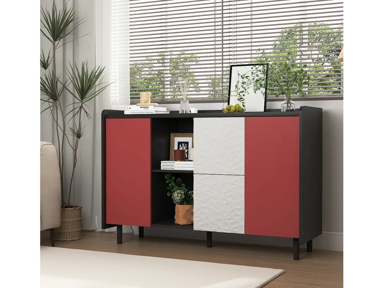 Aparador con 2 cajones, 2 estantes abiertos y puertas rojas, moderno mueble de almacenaje en MDF negro y rojo (120x40x80 cm)