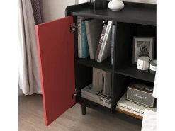 Aparador con 2 cajones, 2 estantes abiertos y puertas rojas, moderno mueble de almacenaje en MDF negro y rojo (90x40x80 cm)