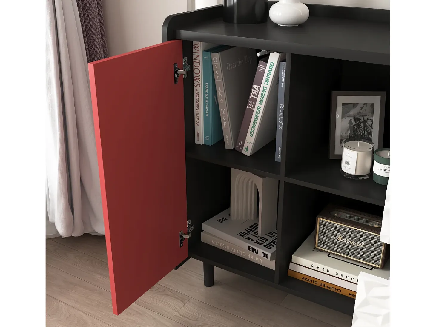 Aparador con 2 cajones, 2 estantes abiertos y puertas rojas, moderno mueble de almacenaje en MDF negro y rojo (90x40x80 cm)