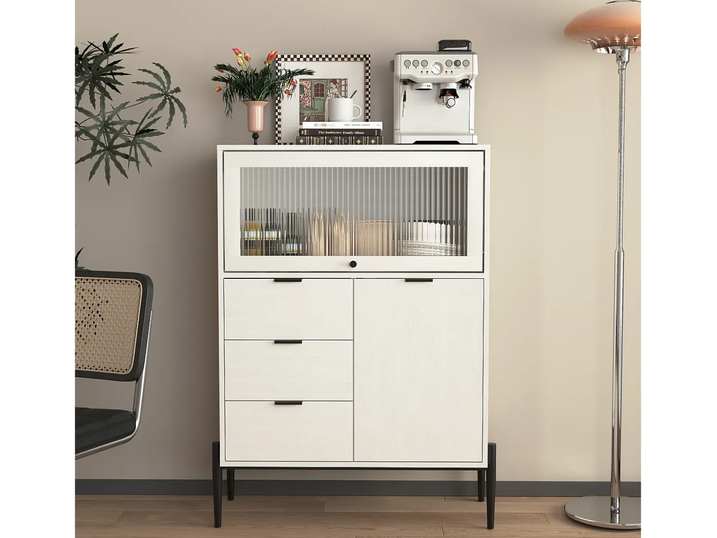 Aparador con 3 cajones, 1 puerta y 1 puerta de cristal, mueble de almacenaje de madera para cocina, comedor, recibidor, color blanco (85x40x120 cm)