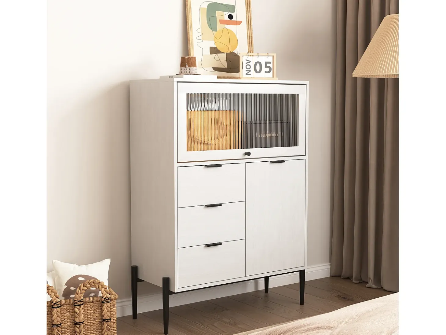 Aparador con 3 cajones, 1 puerta y 1 puerta de cristal, mueble de almacenaje de madera para cocina, comedor, recibidor, color blanco (85x40x120 cm)