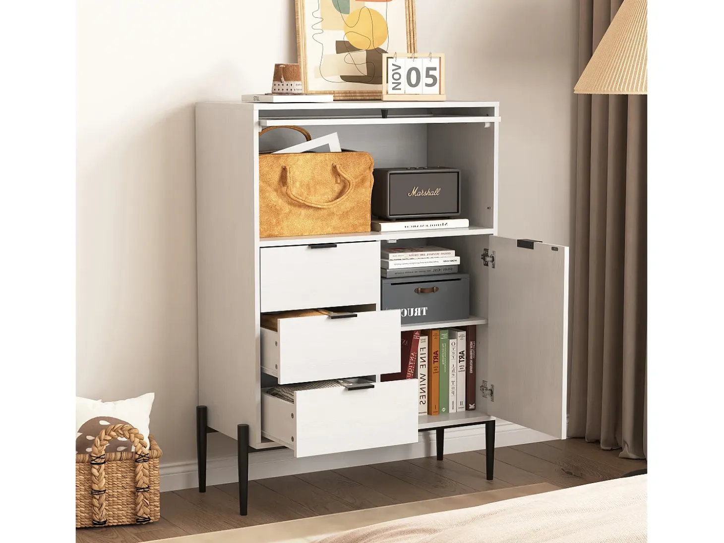 Aparador con 3 cajones, 1 puerta y 1 puerta de cristal, mueble de almacenaje de madera para cocina, comedor, recibidor, color blanco (85x40x120 cm)