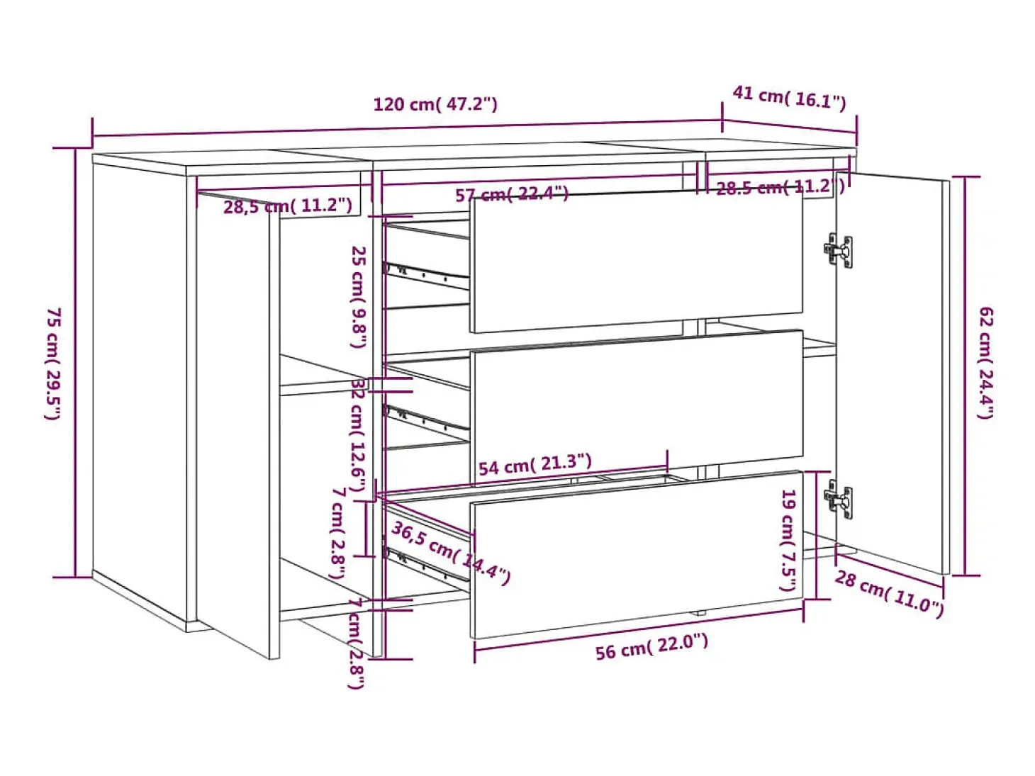 Aparador con 3 cajones Negro 120x41x75 cm Madera de ingeniería
