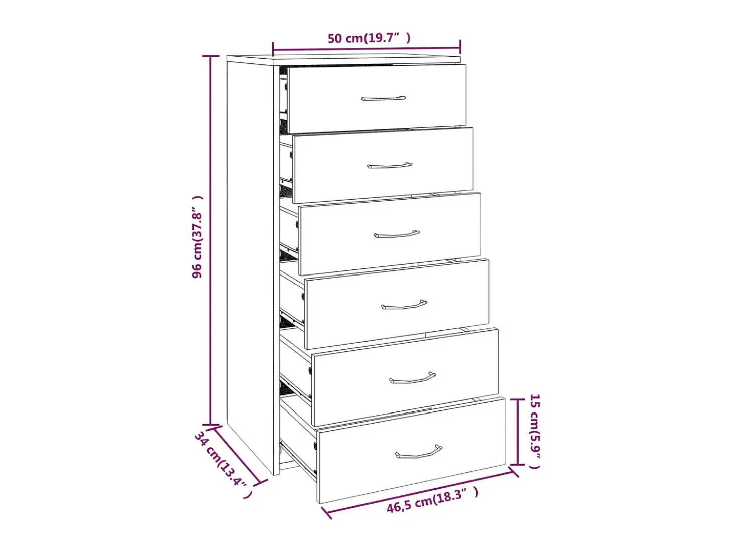 Aparador con 6 cajones Roble ahumado 50x34x96 cm Madera de ingeniería