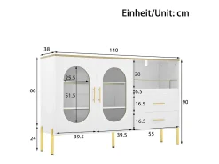 Aparador con 2 cajones y 2 puertas de cristal - 140 x 38 x 90 cm - salón y comedor - blanco