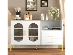 Aparador con 2 cajones y 2 puertas de cristal - 140 x 38 x 90 cm - salón y comedor - blanco