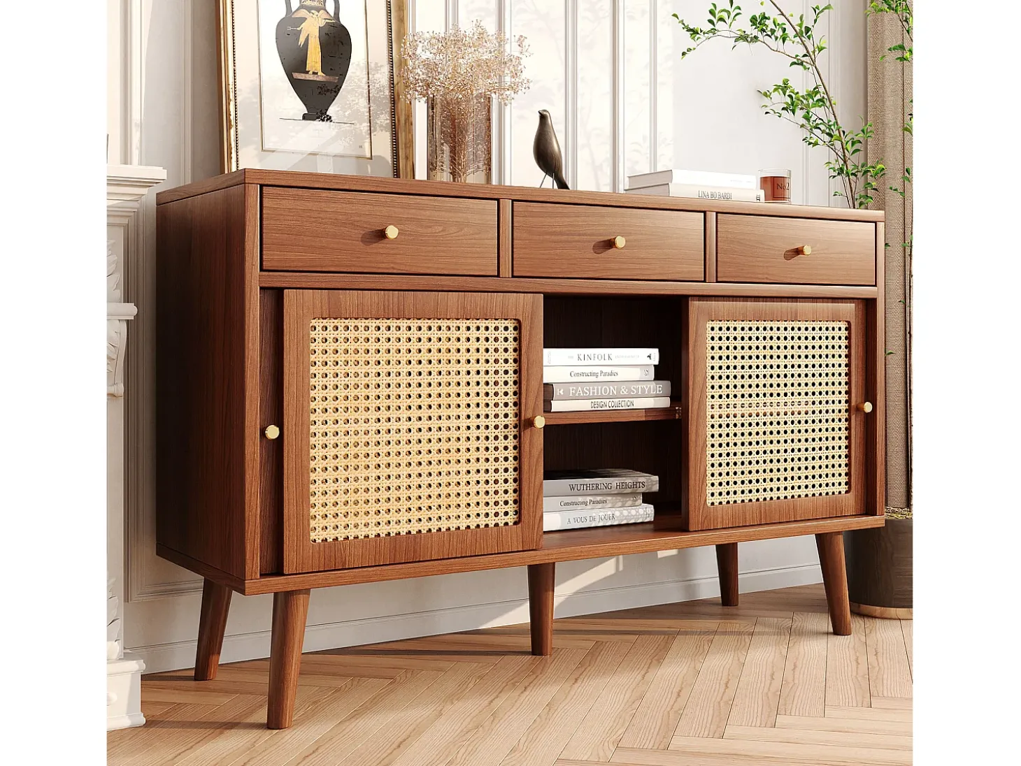 Aparador con 3 cajones y 3 puertas correderas de cristal, diseño moderno, MDF, color nogal (120x40x78 cm)