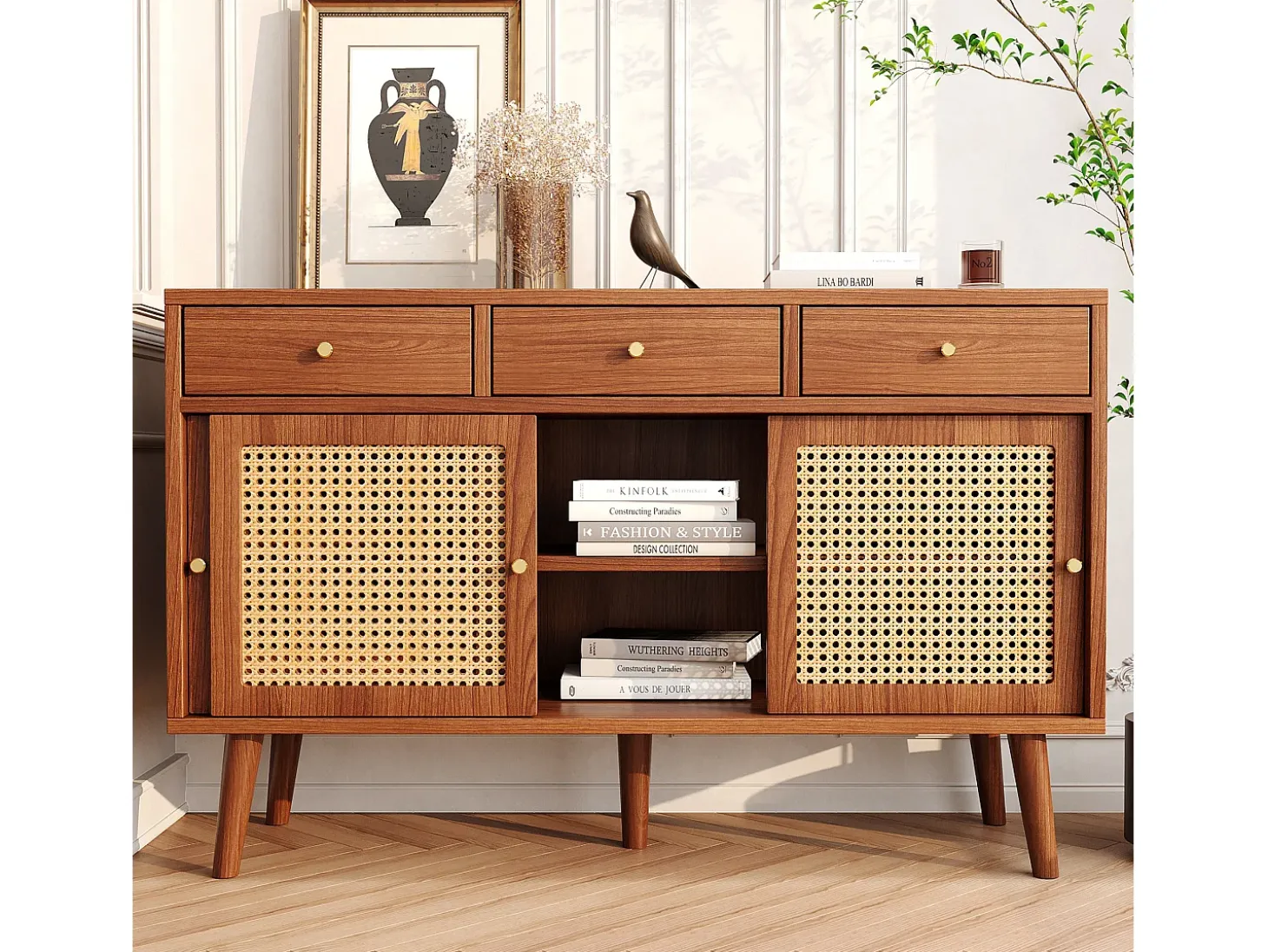 Aparador con 3 cajones y 3 puertas correderas de cristal, diseño moderno, MDF, color nogal (120x40x78 cm)