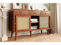 Aparador con 3 cajones y 3 puertas correderas de cristal, diseño moderno, MDF, color nogal (120x40x78 cm)
