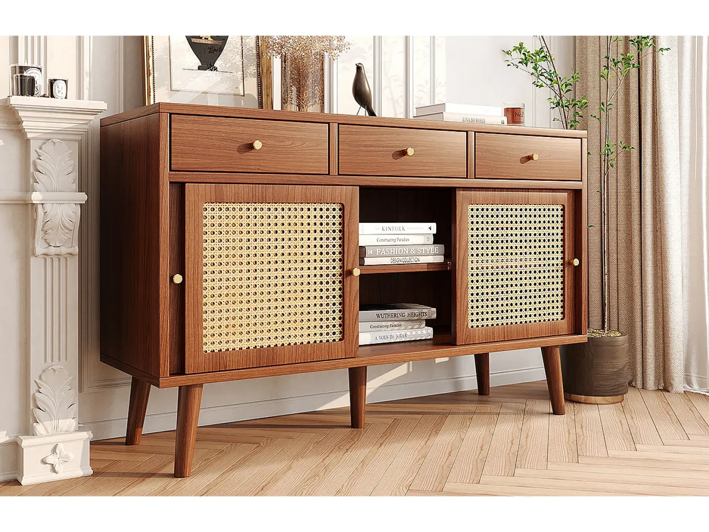 Aparador con 3 cajones y 3 puertas correderas de cristal, diseño moderno, MDF, color nogal (120x40x78 cm)