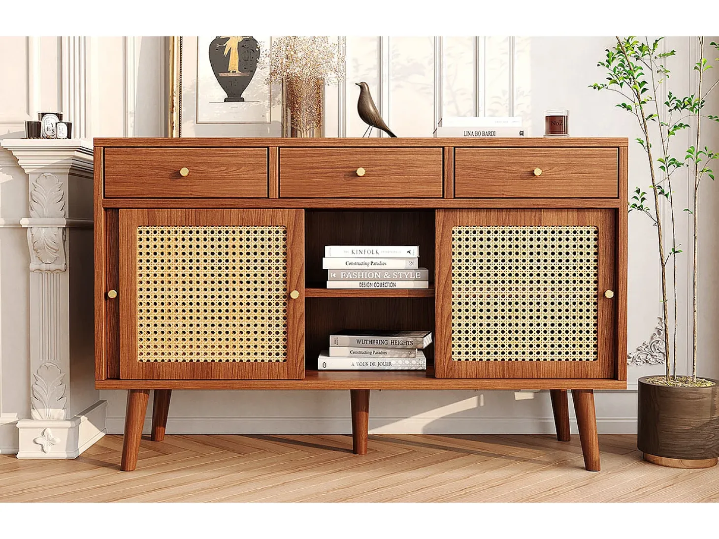 Aparador con 3 cajones y 3 puertas correderas de cristal, diseño moderno, MDF, color nogal (120x40x78 cm)