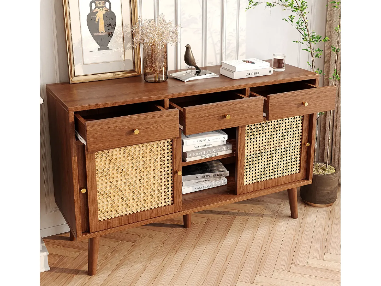 Aparador con 3 cajones y 3 puertas correderas de cristal, diseño moderno, MDF, color nogal (120x40x78 cm)