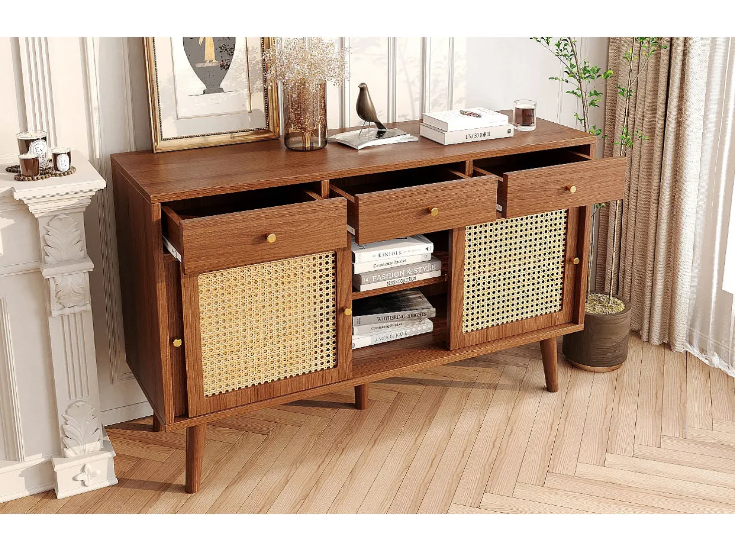 Aparador con 3 cajones y 3 puertas correderas de cristal, diseño moderno, MDF, color nogal (120x40x78 cm)