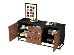 Aparador con 3 cajones y 2 puertas - Estructura de metal - Color madera y negro