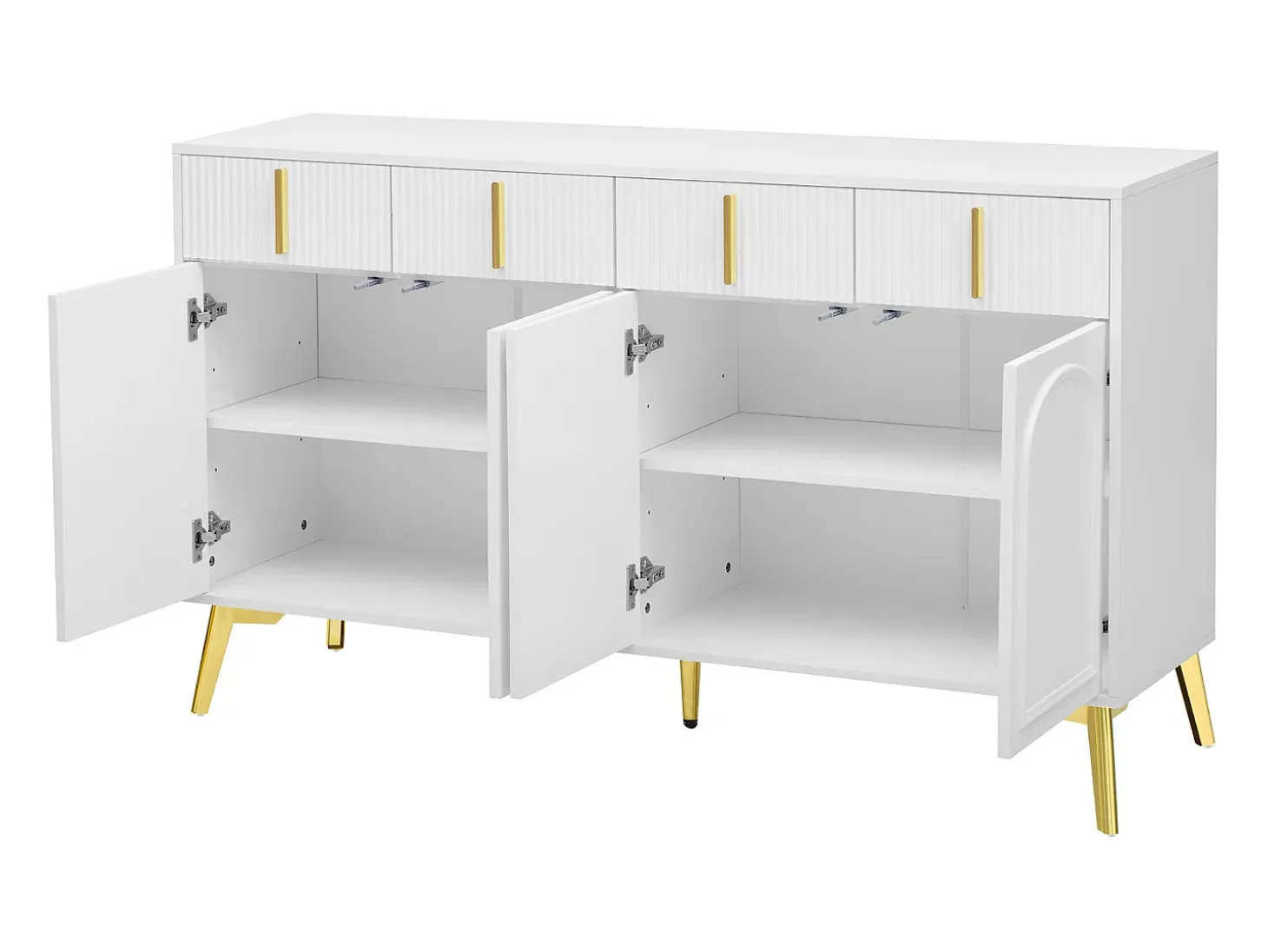 Aparador con 4 cajones y 4 puertas, mueble aparador, con tiradores y patas dorados, Color Blanco