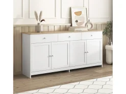 Aparador con 3 cajones y 4 puertas, madera y blanco, MDF (160x37x75 cm)