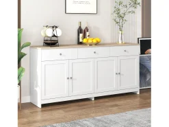 Aparador con 3 cajones y 4 puertas, madera y blanco, MDF (160x37x75 cm)