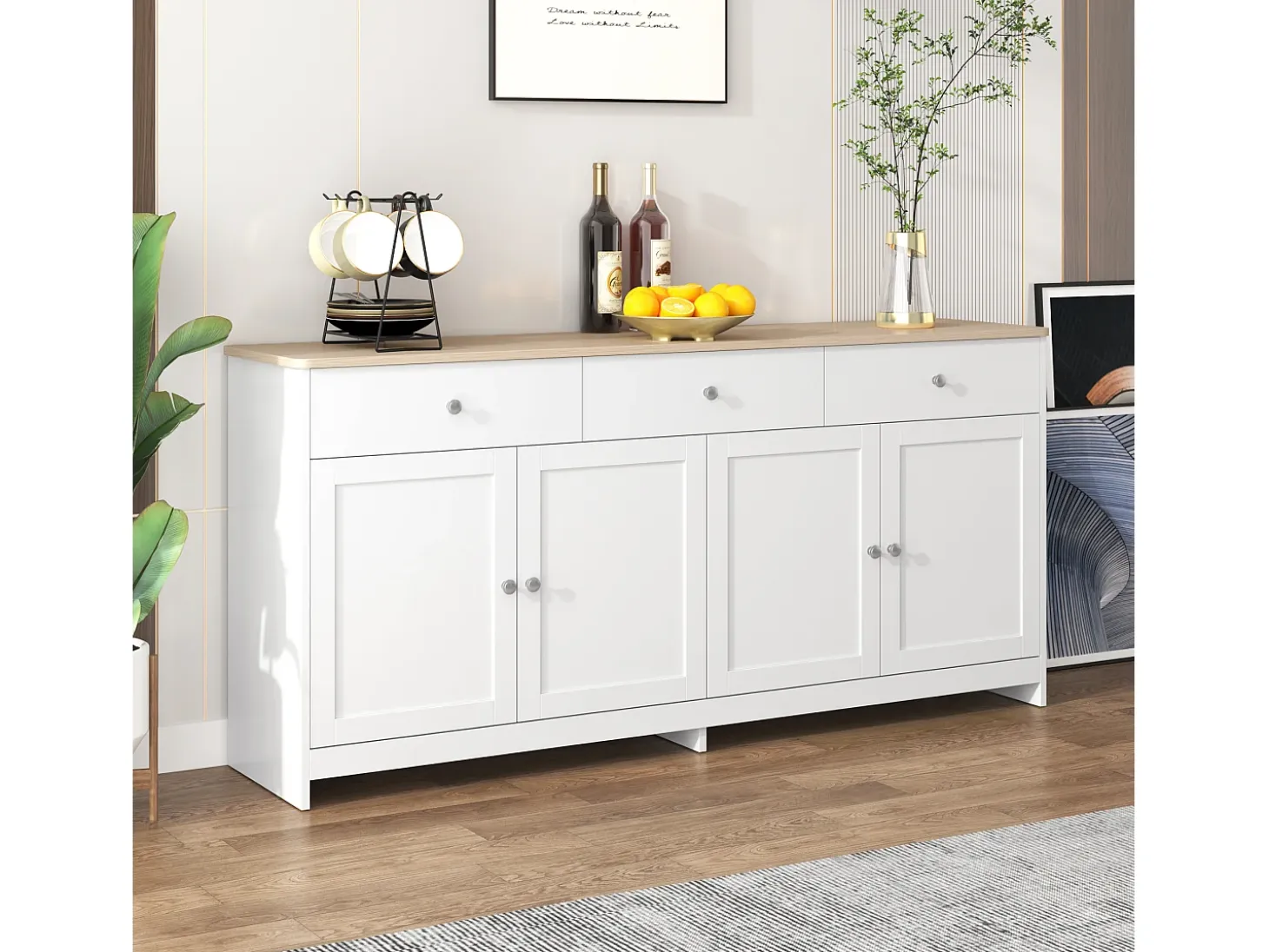 Aparador con 3 cajones y 4 puertas, madera y blanco, MDF (160x37x75 cm)