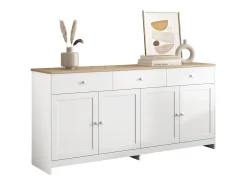 Aparador con 3 cajones y 4 puertas, madera y blanco, MDF (160x37x75 cm)