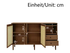 Aparador con 2 cajones y 2 puertas en ratán - 130 x 75,5 x 40 cm - Estantes regulables - Tablero de partículas - Color madera