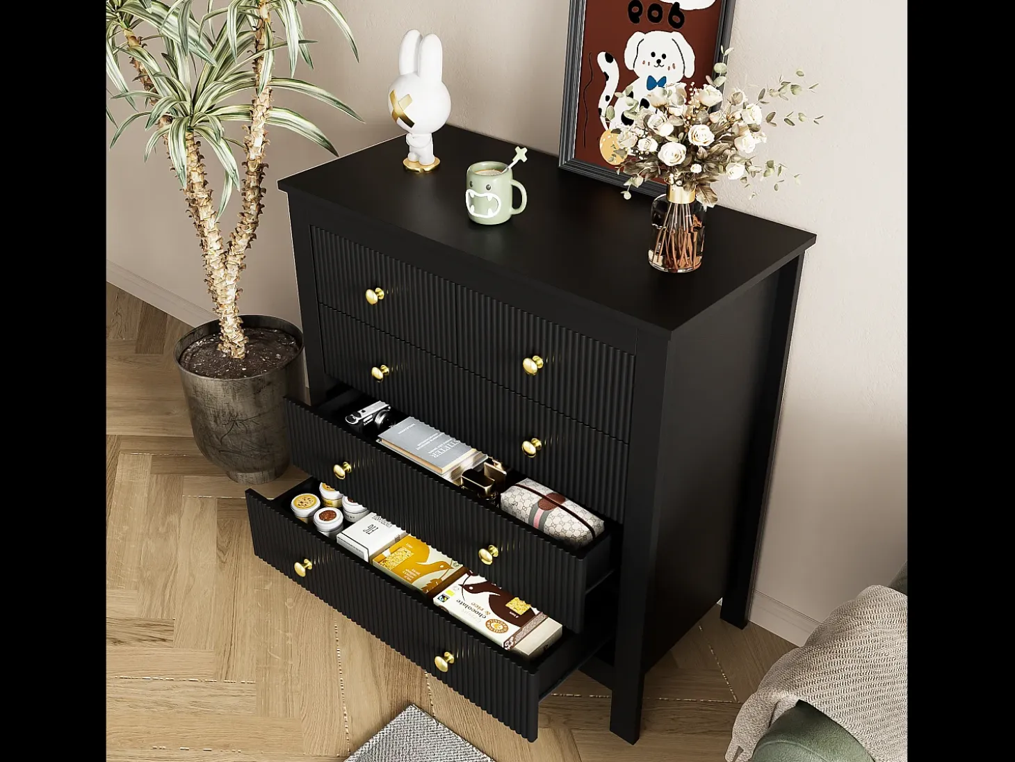 Aparador con 5 cajones y puertas especiales, diseño moderno, MDF, negro (79x39,5x80,5 cm)