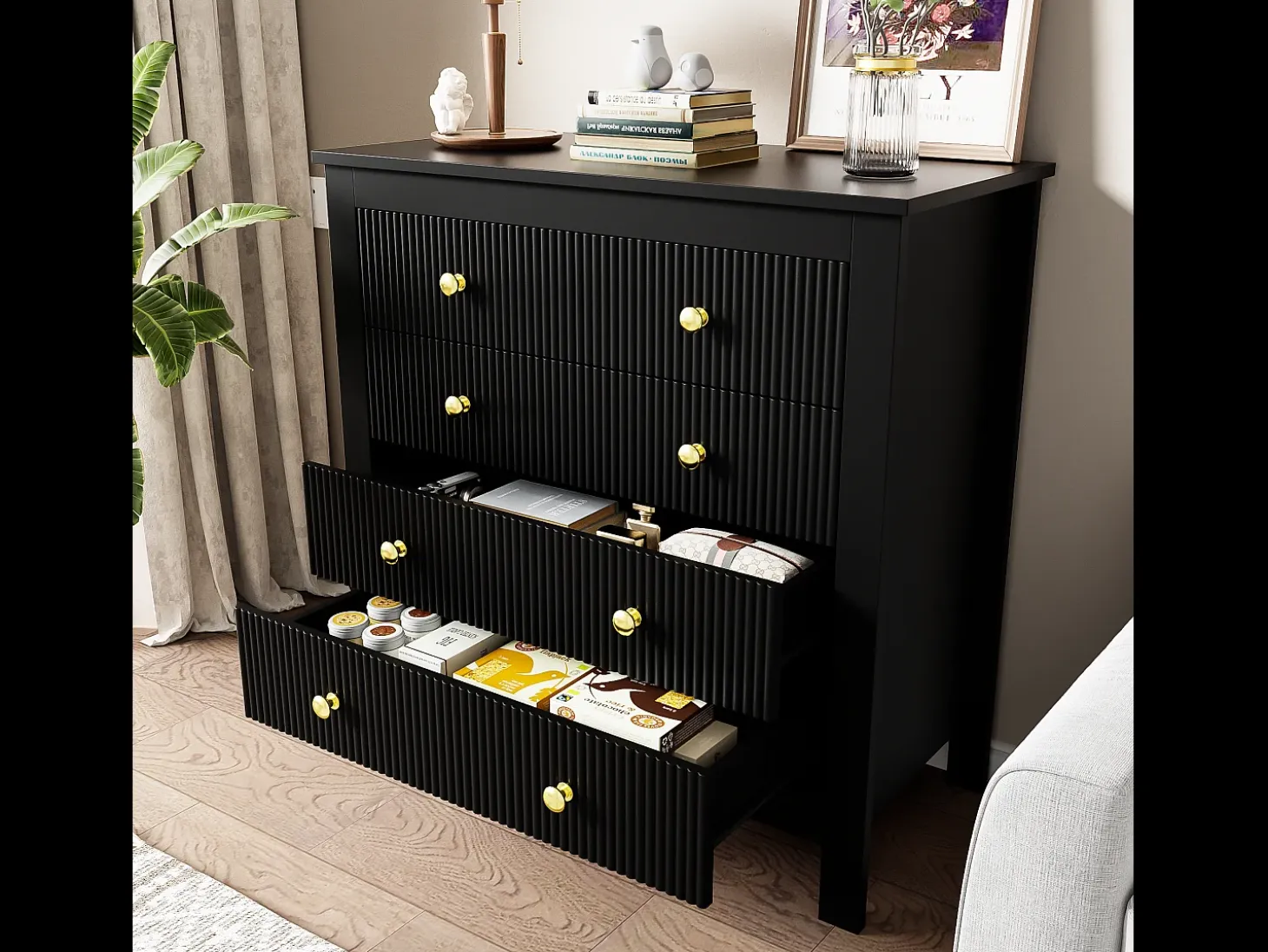 Aparador con 5 cajones y puertas especiales, diseño moderno, MDF, negro (79x39,5x80,5 cm)