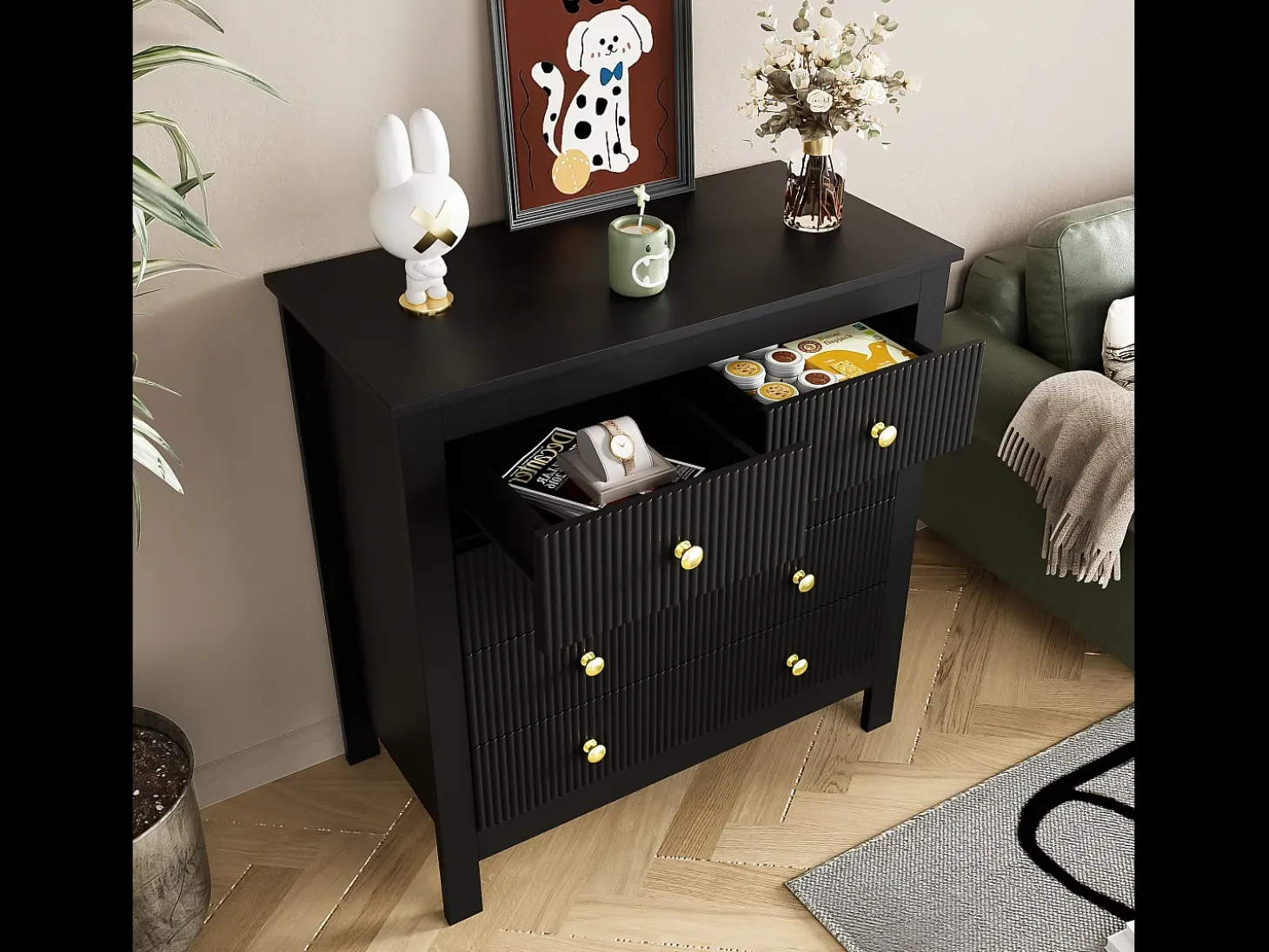 Aparador con 5 cajones y puertas especiales, diseño moderno, MDF, negro (79x39,5x80,5 cm)