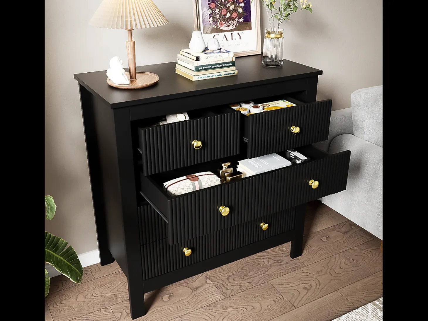 Aparador con 5 cajones y puertas especiales, diseño moderno, MDF, negro (79x39,5x80,5 cm)