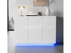 Aparador con 3 puertas - 120 x 40 x 75 cm - LED - Tablero de partículas - Blanco brillo