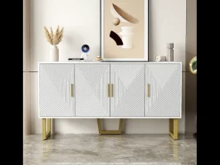 Aparador con 4 puertas - 150 x 40 x 82 cm - MDF, tableros de partículas y metal - Blanco y dorado