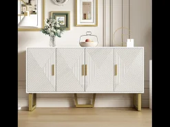 Aparador con 4 puertas - 150 x 40 x 82 cm - MDF, tableros de partículas y metal - Blanco y dorado