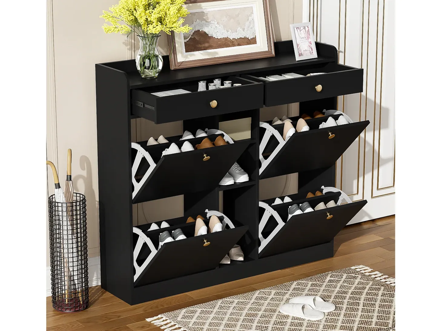Aparador con 4 puertas, 2 cajones, diseño moderno, negro y madera, tablero de partículas (110x26x100 cm)