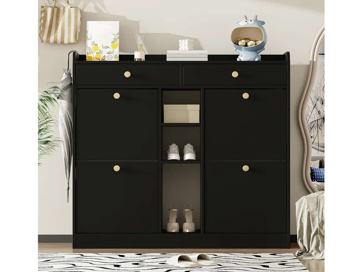 Aparador con 4 puertas, 2 cajones, diseño moderno, negro y madera, tablero de partículas (110x26x100 cm)
