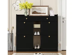 Aparador con 4 puertas, 2 cajones, diseño moderno, negro y madera, tablero de partículas (110x26x100 cm)